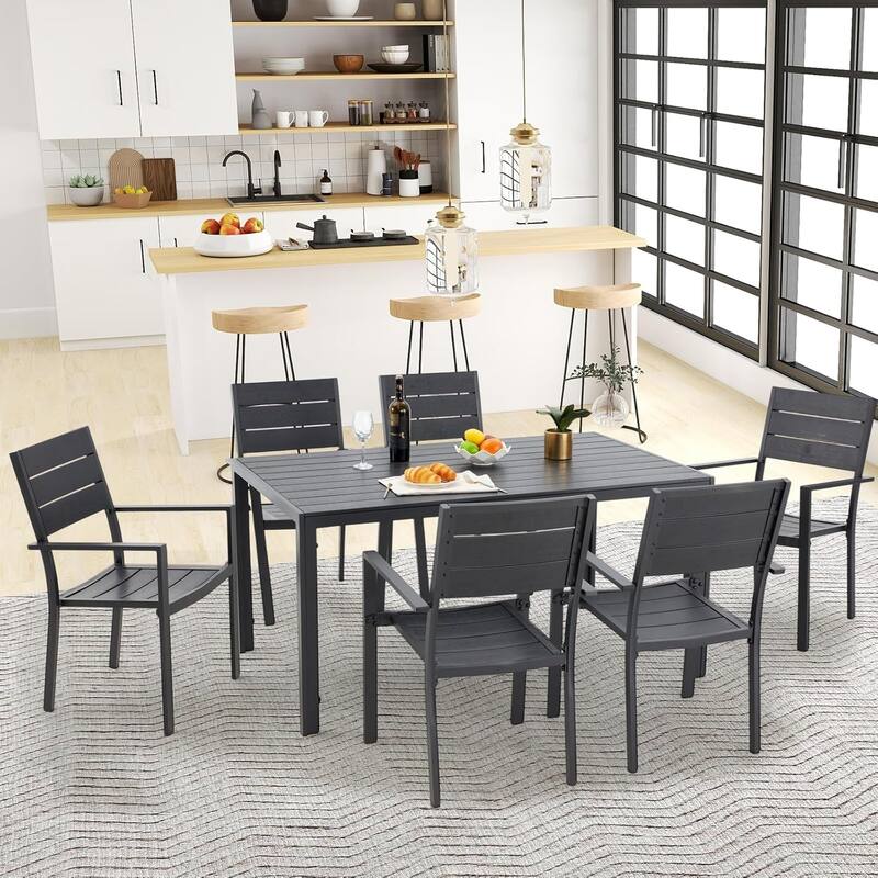 AECOJOY 7 Piece Outdoor Dining Set, 60" x 36" Aluminum Patio Table and Chairs Set for 6 with Rectangular Table