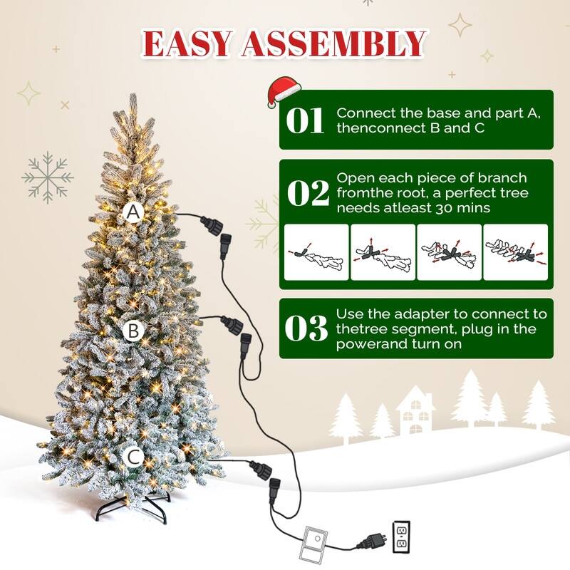7 FT Snow Flocked Pre-lit Artificial Pencil Christmas Tree, Hinged Xmas Pine Tree for Holiday Party Office Home, Snowy Green