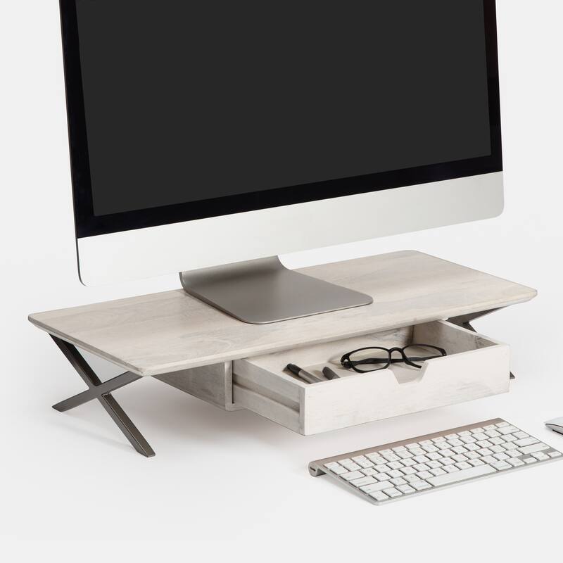 Jani Wood Monitor Stand Riser Desk - Ergonomic Design Stand, Desktop Organizer Table for Home, Office Workspace, Gaming Desk - Off-White