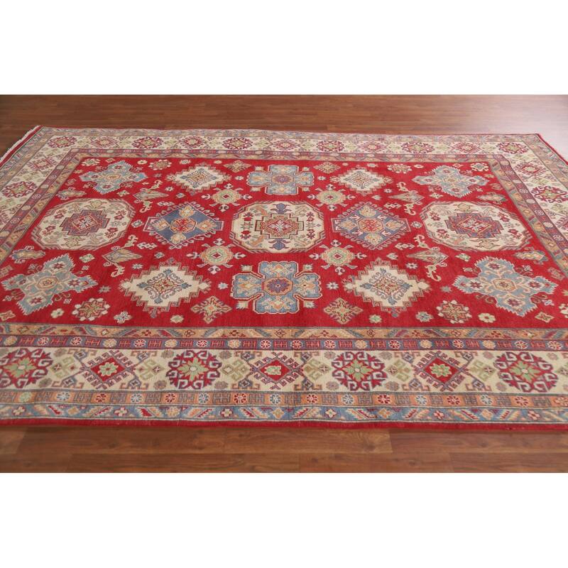 Hand Knotted Oriental 100% Wool Carpet Traditional Geometric Red Kazak Area Rug - 10' 0'' X 6' 11''