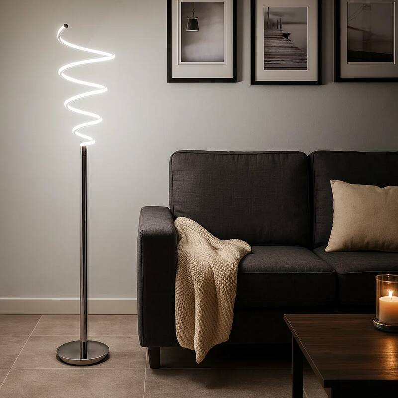 Sun 58 Inch Floor Lamp, Accent Twisted Modern Design, LED Chrome Base