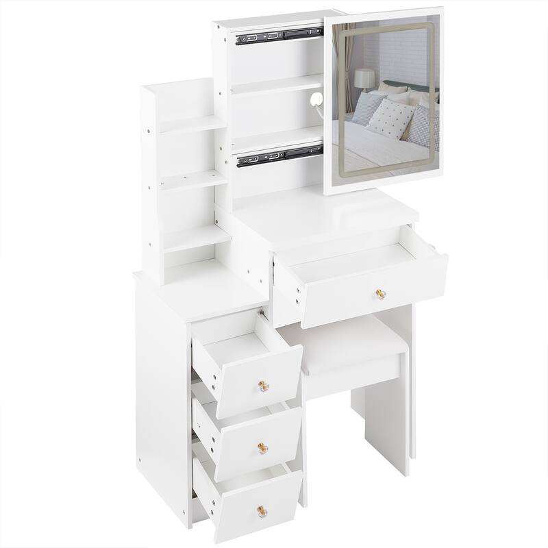 29.2" Small Size Left Bedside Cabinet Vanity Table + Cushioned Stool, 2 AC+2 USB Power Station, Hair dryer bracket