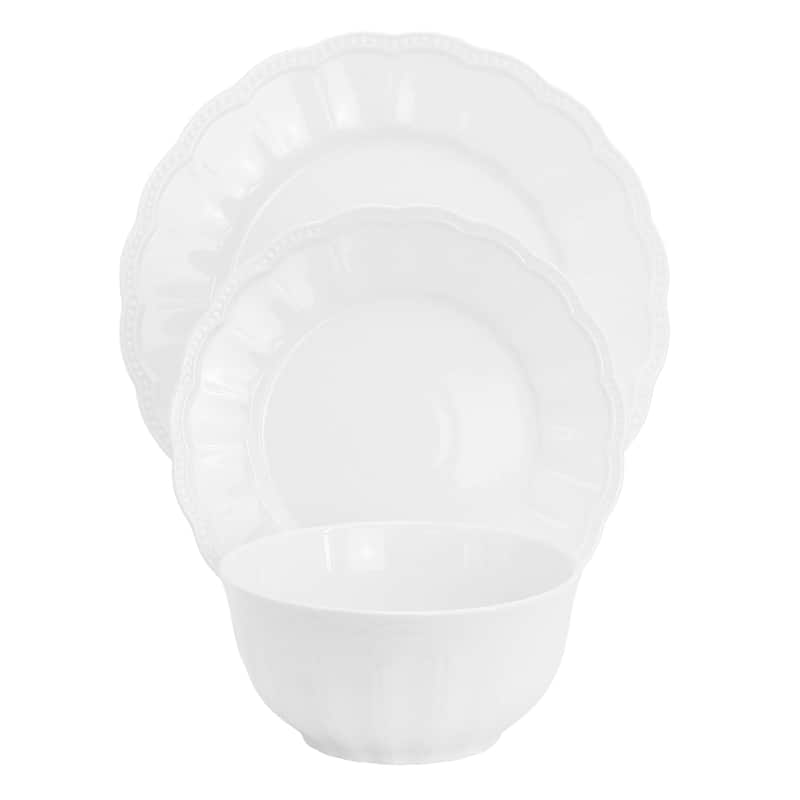 12 Piece Fine Ceramic Embossed Dinnerware Set in White