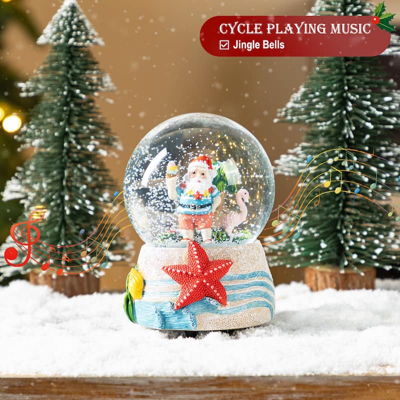 Glitzhome 100mm Christmas Resin Musical Snowflakes Santa on Vacation Waterglobe