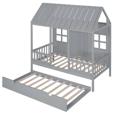 Twin Size Wood Daybed House Bed with Trundle, 74''L*41.7''W*81.7''H, 157LBS
