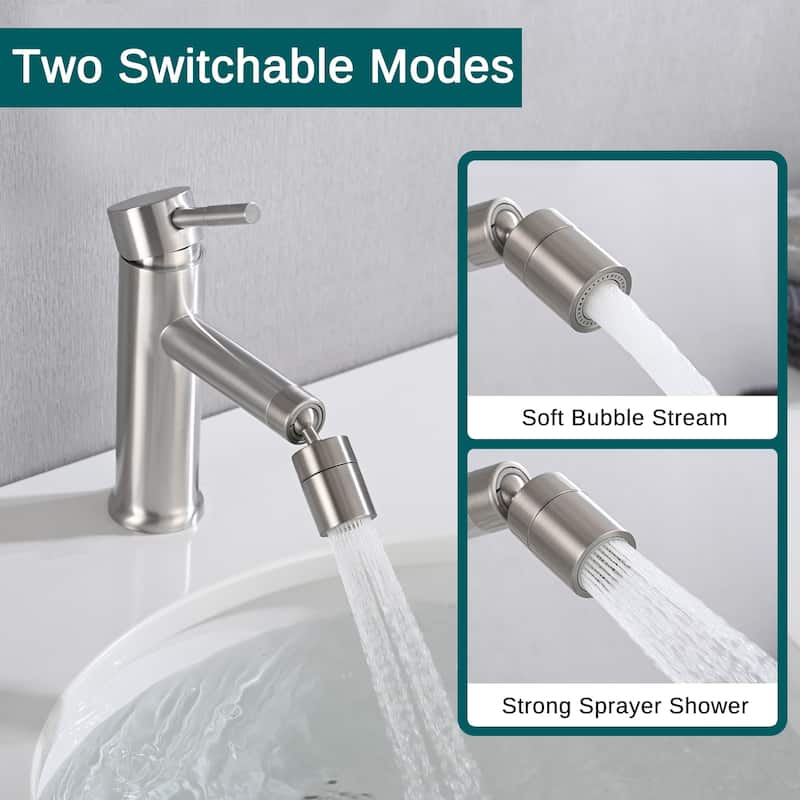 Brushed Nickle Bathroom Faucet for 2 Mode Faucet for Bathroom Sink with 360° Rotating Aerator
