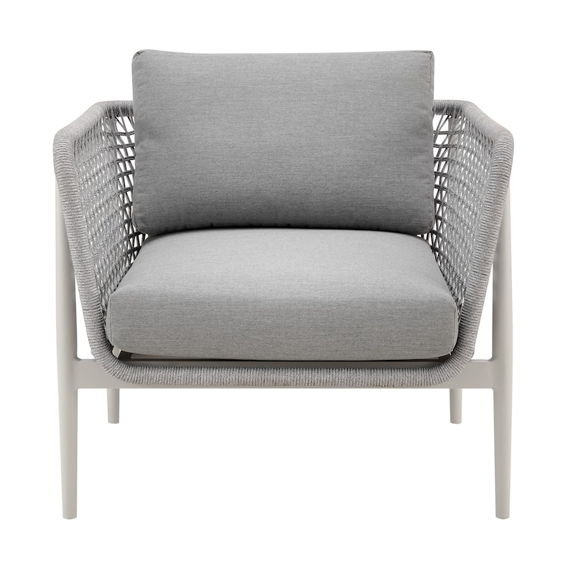 Rhodes Outdoor Patio Armchair in Aluminum with Light Gray Rope and Cushions