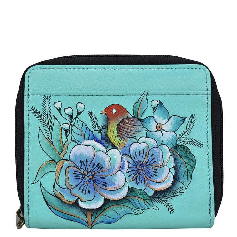 Handpainted Leather Ladies Zippered Organizer Wallet - Vintage Garden Turquoise
