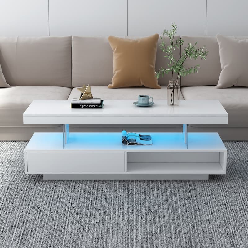 LED Coffee Table with Storage, Modern Center Table with 2 Drawers and Display Shelves