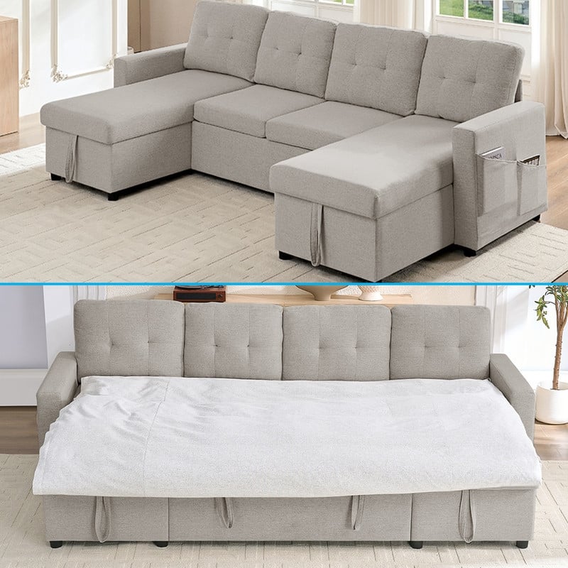 98"W 4-Seater Modular Sleeper Sofa Bed with Storage Chaise,U-shaped Sofa with Pull-out Bed