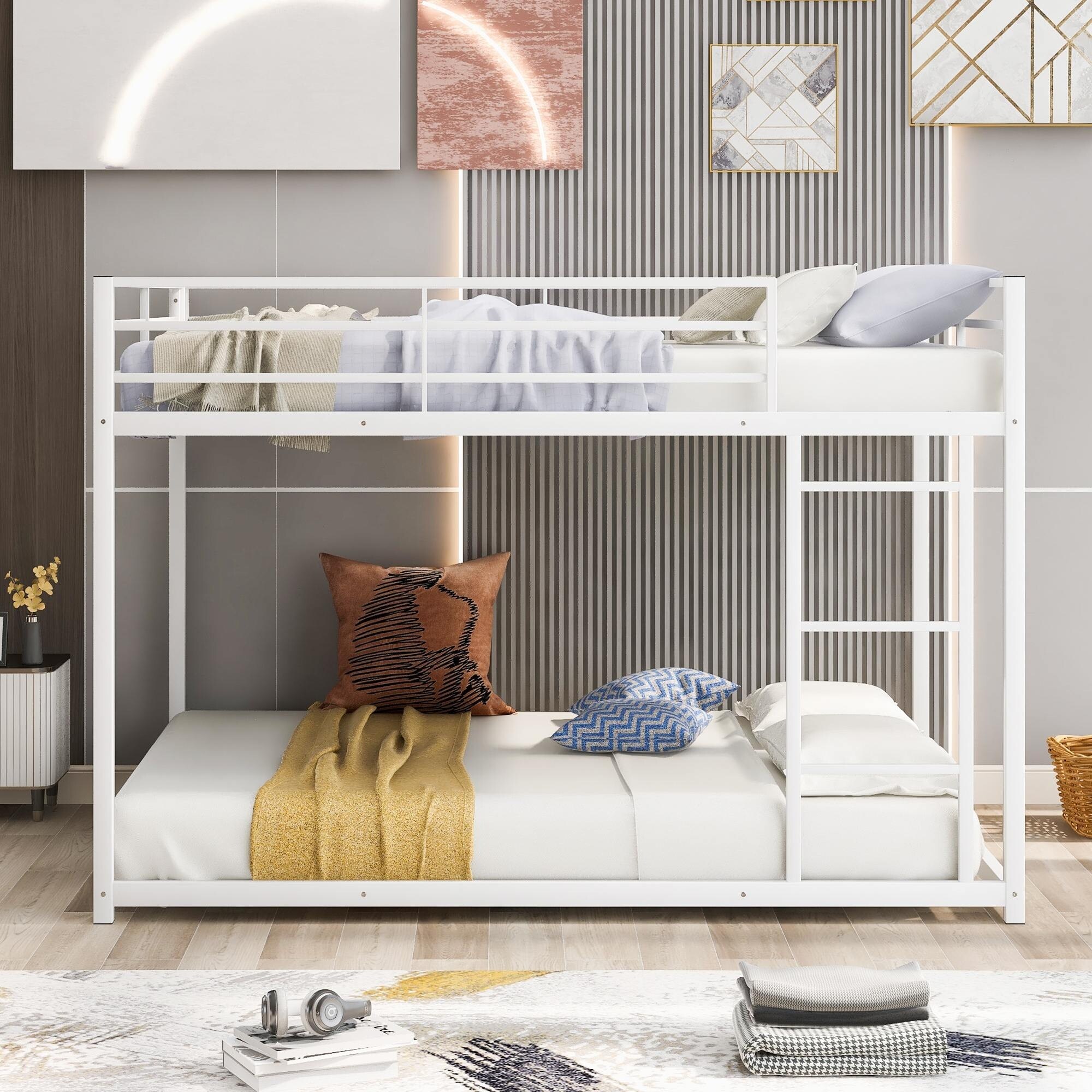 Modern Steel Bunk Bed with Ladder and Guardrail