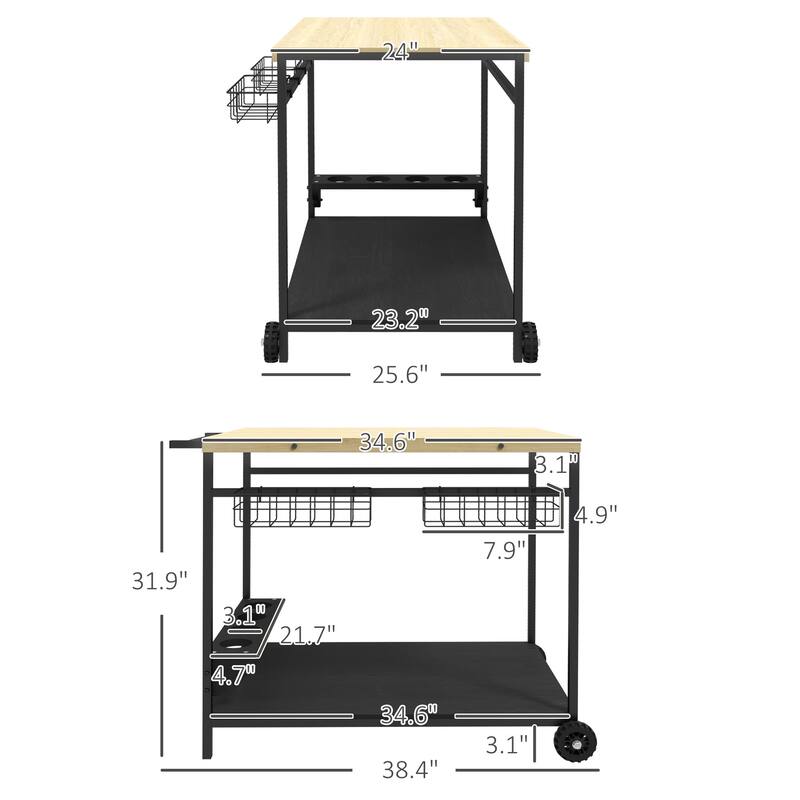 Outdoor Bar Cart, Patio Rolling Serving Cart with Wheels, Side Handle, 2 Baskets, 4 Wine Holders