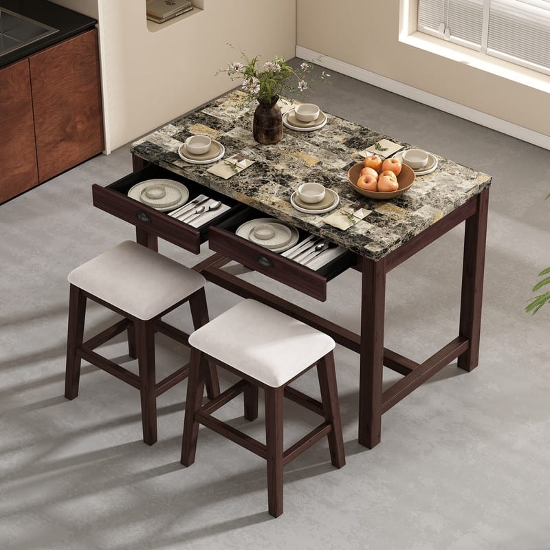 5-Pc Faux Marble Dining Set with 4 Upholstered Chairs and Storage, Walnut