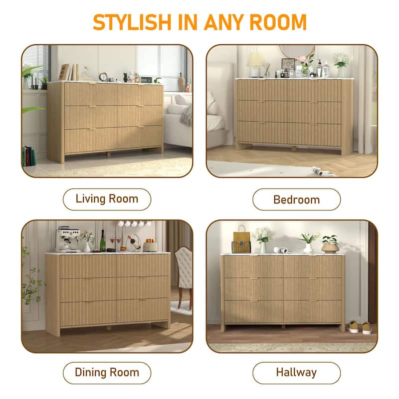 VEIKOUS 6-Drawer Dresser for Bedroom, Wooden Chest of Drawers with White Faux Marble Top
