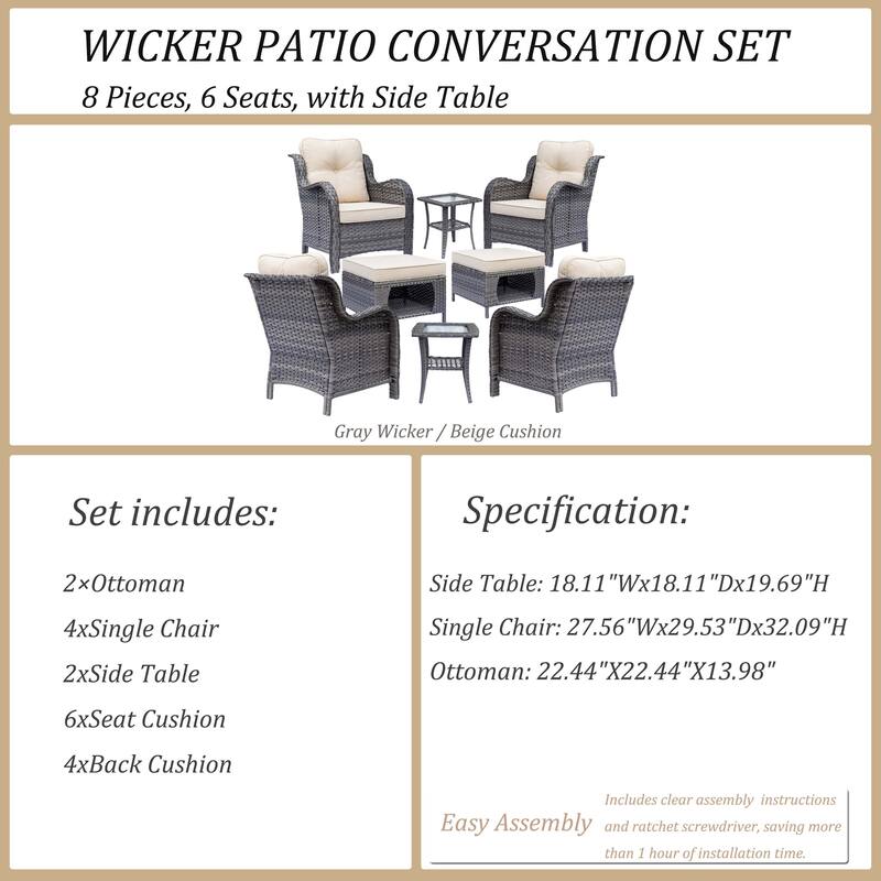 8 Piece Outdoor Wicker Patio Furniture Conversation Chair and Ottoman Set