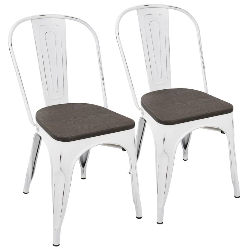 Set of 2 Espresso Bamboo Seat Vintage White Metal Dining Chair 32.25"