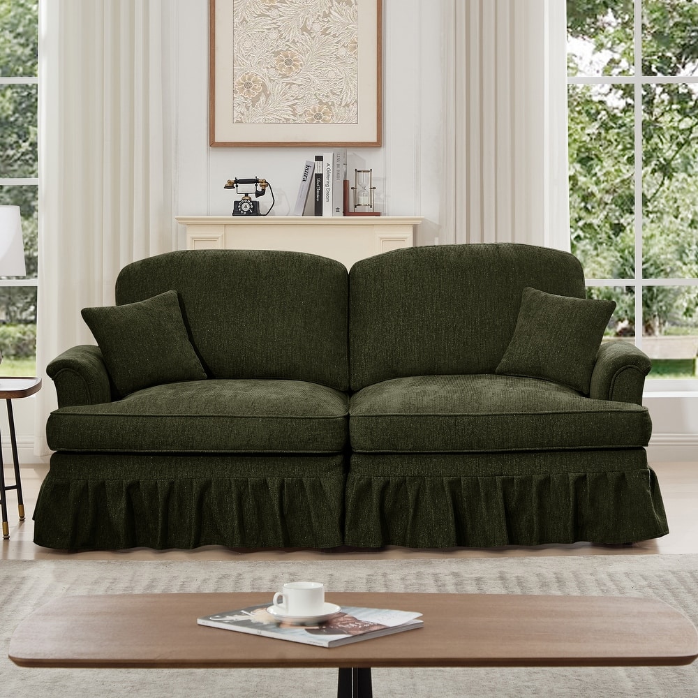 Mid-Century 2-Seat Sofa Couch with Flared Arms & Removable Ruffled Skirts, Retro Chenille Upholstered Loveseat for Living Room
