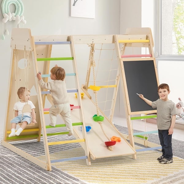 slide 2 of 8, EROMMY Indoor Jungle Gym for Toddlers, 9-in-1 Wooden Climbing Set with Slide, Swing, Rock Wall, and Monkey Bars - Macaron Macaron