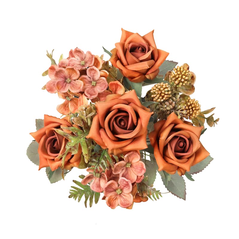 Set of 2 Orange Brown Artificial Mixed Tea Rose Hydrangea Berry Flower Stem Bush Bouquet 15in - 15" L x 9" W x 9" DP