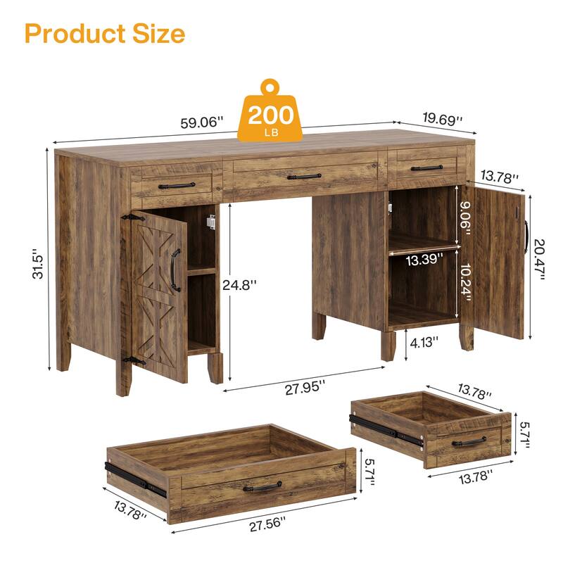 59" Computer Desk with Drawers and Cabinets for Home Office