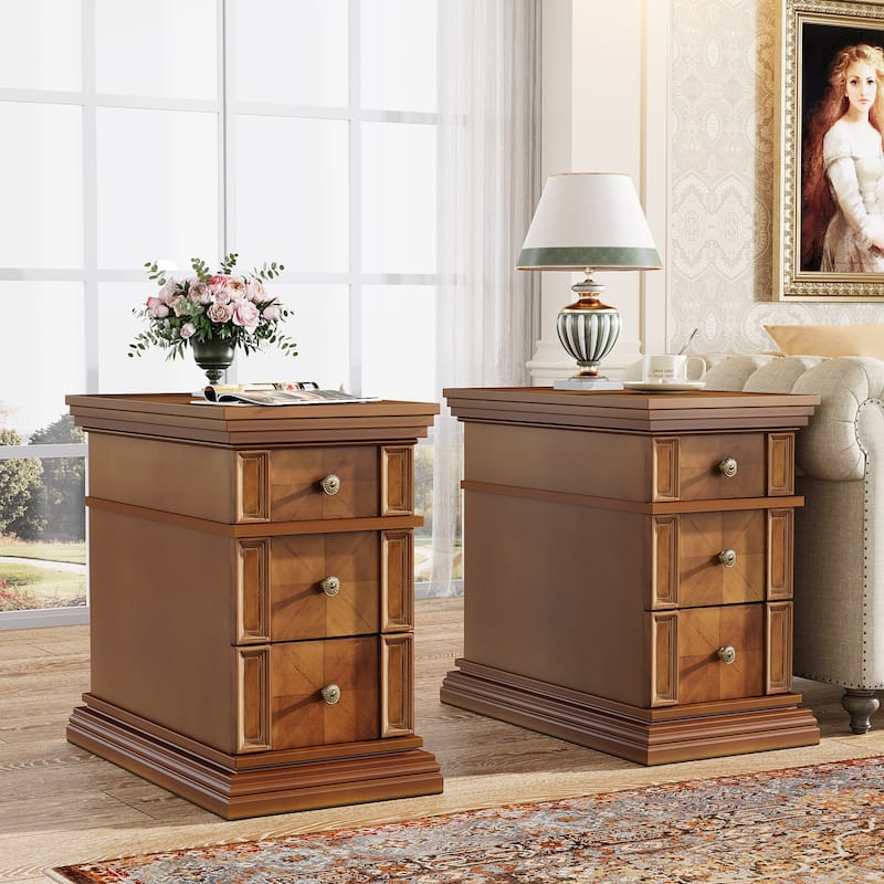 Narrow End Table with 3 Drawers, 19.69''D Vintage Sofa Side Table