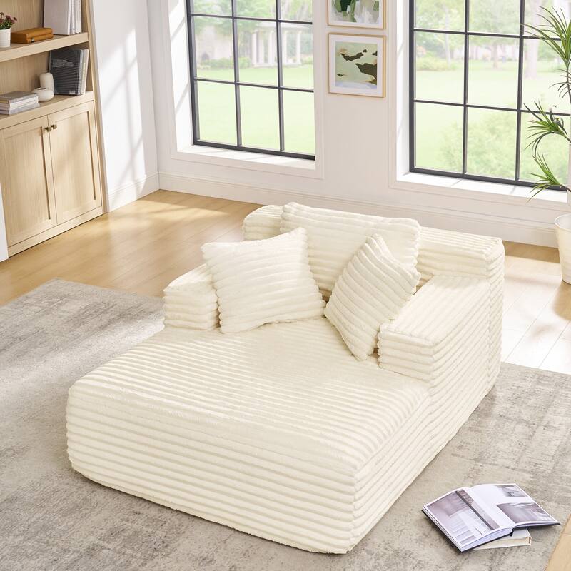 Fluffy Corduroy Upholstered Cloud Chaise Lounge Sofa Bed, Versatile Foam Compressed Deep Seat Couch with Pillows - Beige