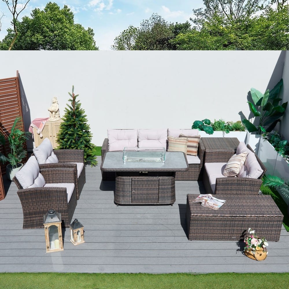 7-piece Outdoor Aluminum Handwoven Rattan Conversation Sofa Set with Adjustable Fire Pit