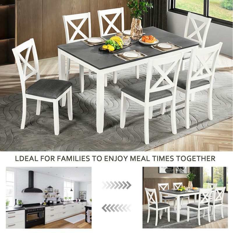7-Piece Dining Set, 58.5" Wood Dining Table with 6 Padded Chairs