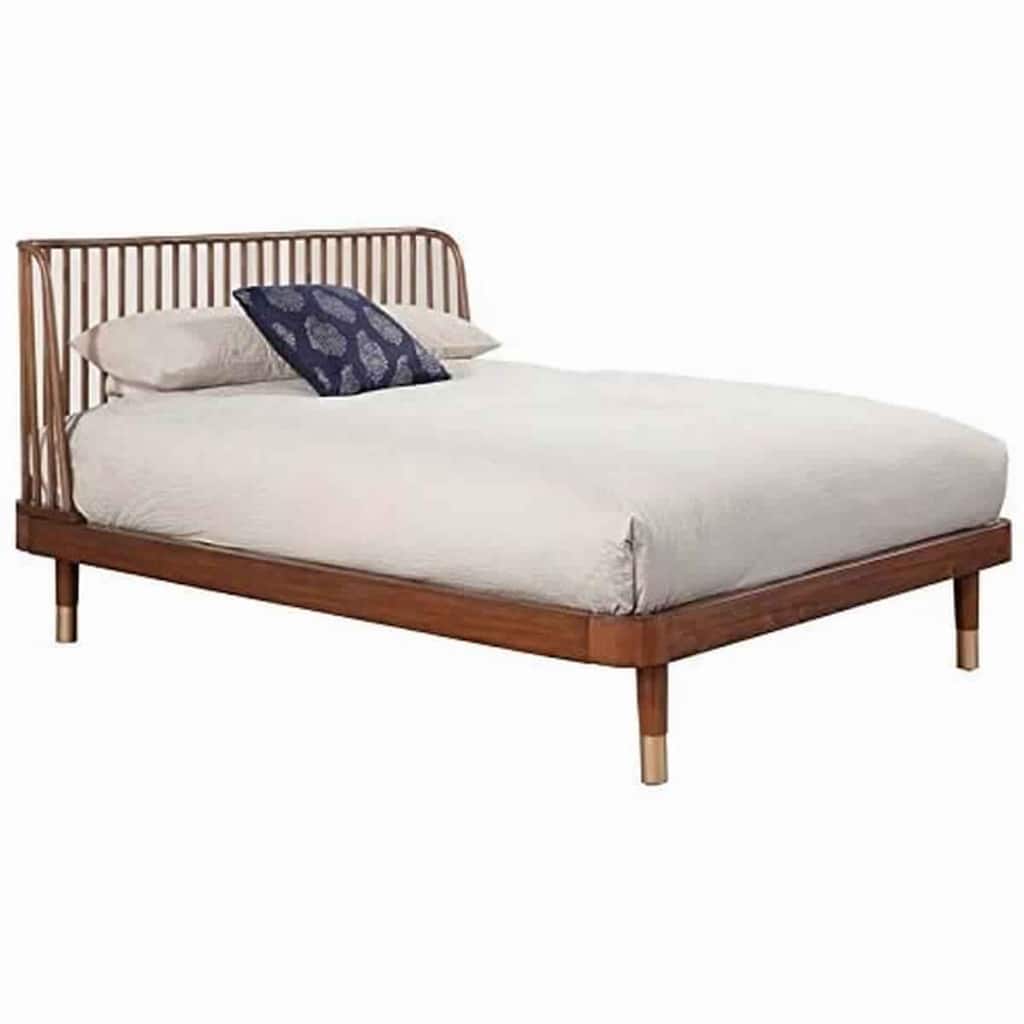 Standard King Platform Bed with Slat Back Rattan Headboard, Brown