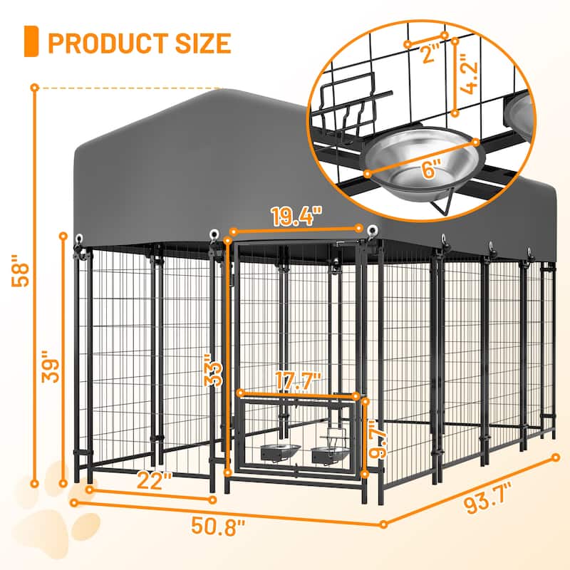 GDFStudio - Large Outdoor Heavy Duty Metal Dog Kennel with Roof, UV-Resistant Waterproof Cover, Double Lock & Rotating Feeder