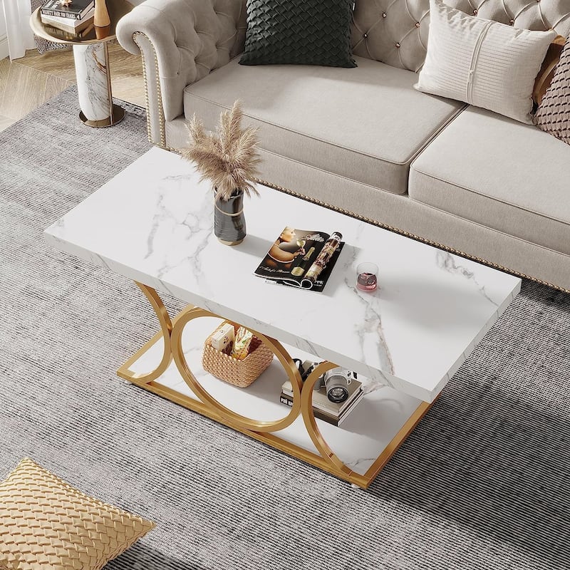 47 In 2-Tier Modern Coffee Tables with Faux Marble Top for Living Room