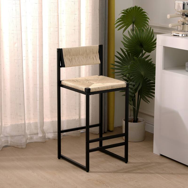 Paper Rope Woven Bar Stools Set of 2 Hand Weave Counter Stool with footrest for Kitchen Island, Dining Room