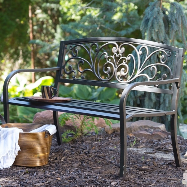 Curved Metal Garden Bench with Heart Pattern in Black Antique