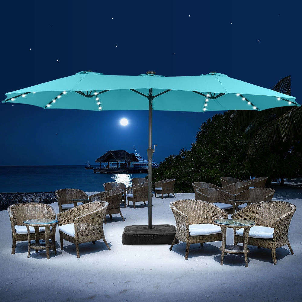 light blue patio umbrella with lights Best Choice Products 10ft 3-Tier Solar w/ 24 LED Lights, Tilt Adjustment, Easy Crank Our umbrella made of polyester fiber which waterproof UV resistant Scafild | 7.5 ft Solar
