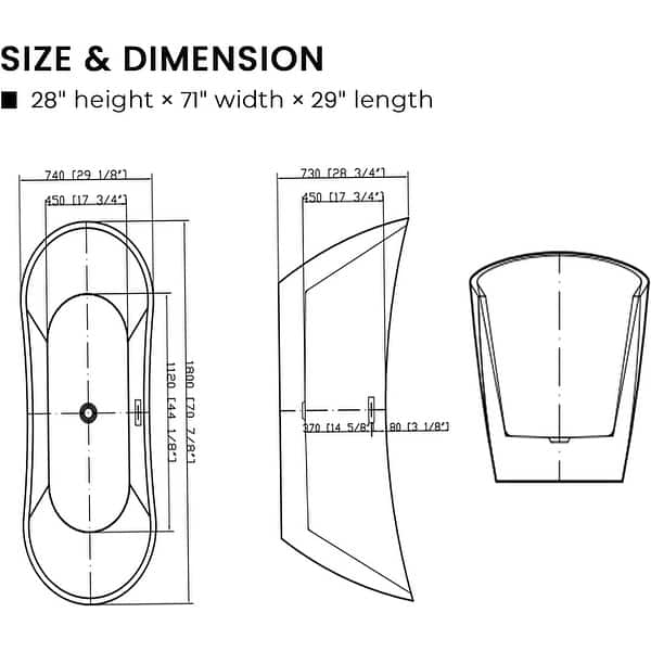 Vanity Art 71Inch Freestanding Acrylic Bathtub Stand Alone Soaking Tub