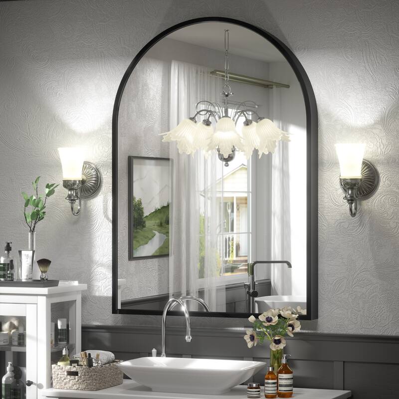 Arch High-Strength Tempered Glass and Aluminum Alloy Framed French Cleat Mounted Wall Mirror - 42" x 30" - Black