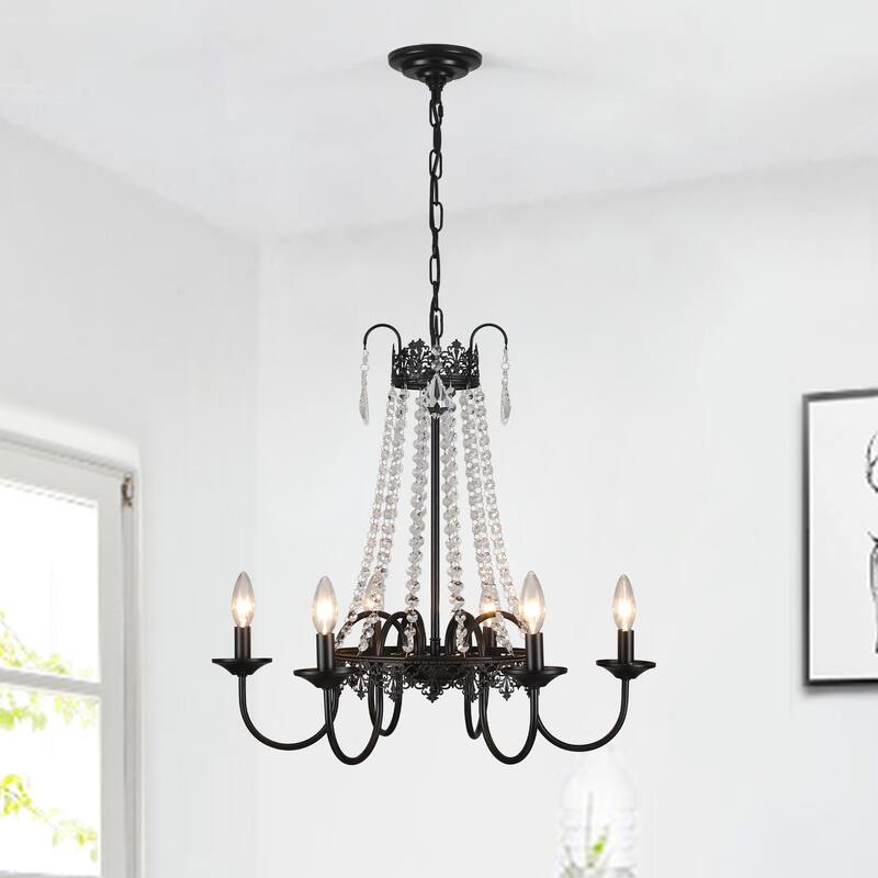 6-Light Candle Design Hanging Crystal Linear Chandelier Lighting for Kitchen Island - Black