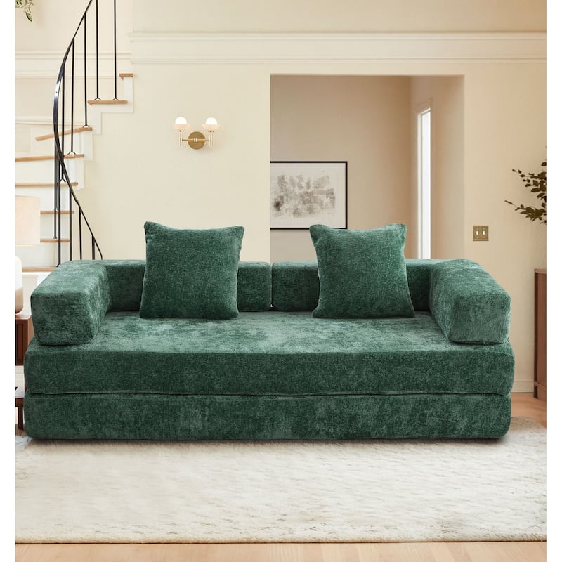 Modern Minimalist Compressed Upholstered Convertible Two-Seater Sofa Bed with External Metal Frame - Dark Green Chenille