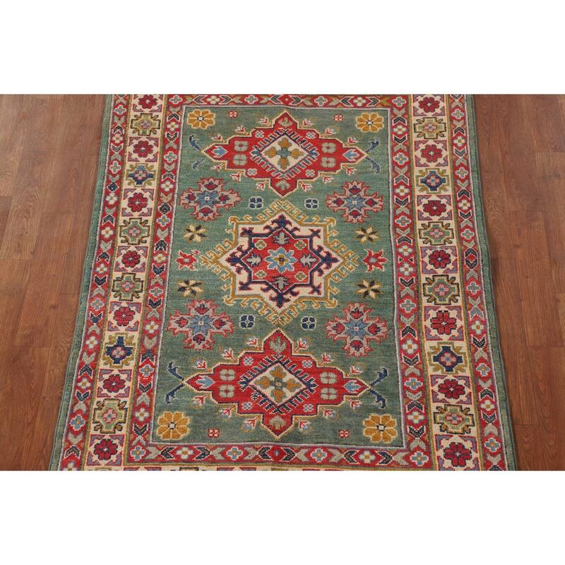 Green Geometric Kazak Accent Rug Handmade Oriental Wool Carpet - 3'4"x 4'10"