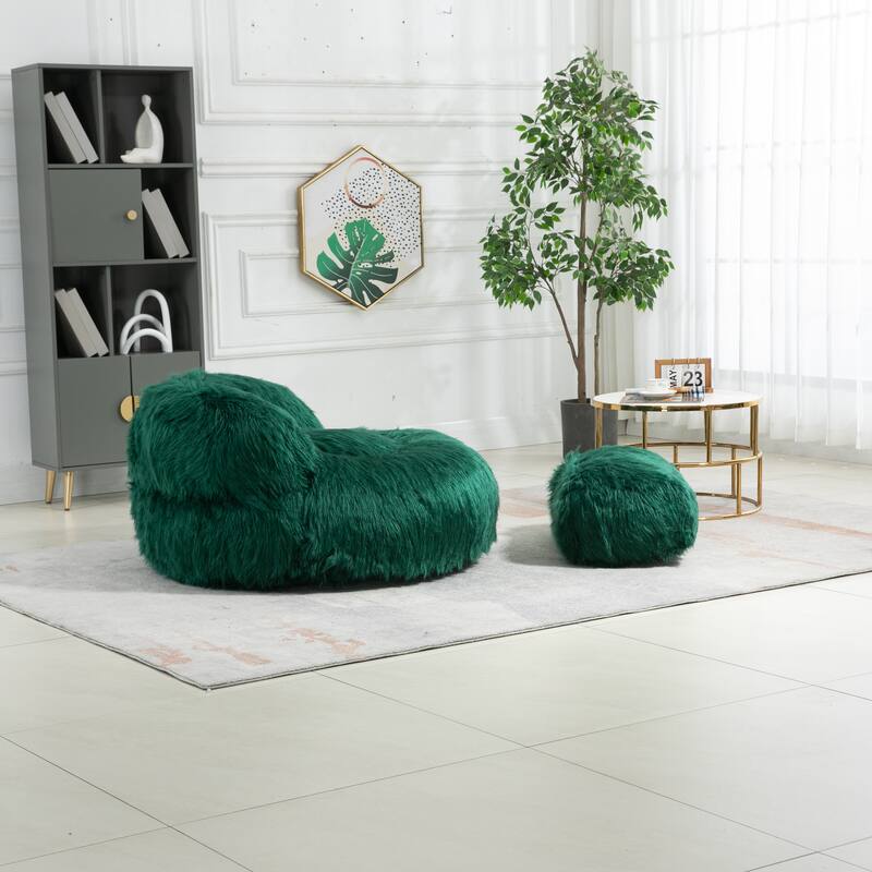Fluffy Bean Bag Chair with Ottoman, Comfy Bean Bag Lounger for Adults and Kids, Ultra Soft Lazy Sofa Chair with Memory Foam