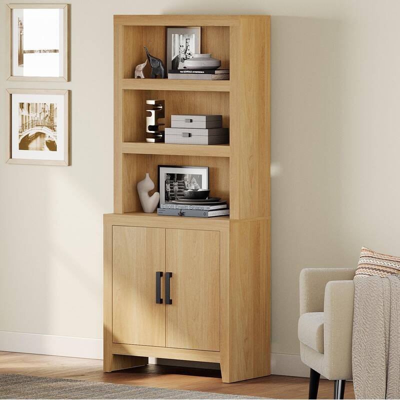 74" Tall Bookshelf with Door, Farmhouse Bookcase with Adjustable Shelf and Storage Cabinet for Living Room, Office