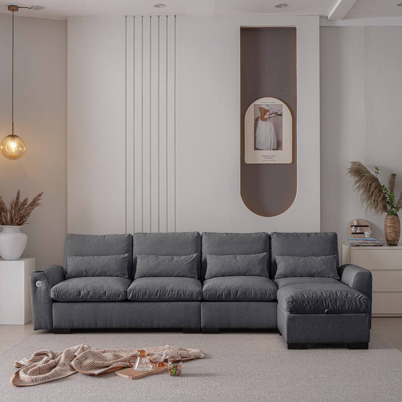 Elegant Chenille Modular Sofa with Reversible Ottoman, USB Ports & Cup Holder, Dark Grey - Reversible - Dark Gray