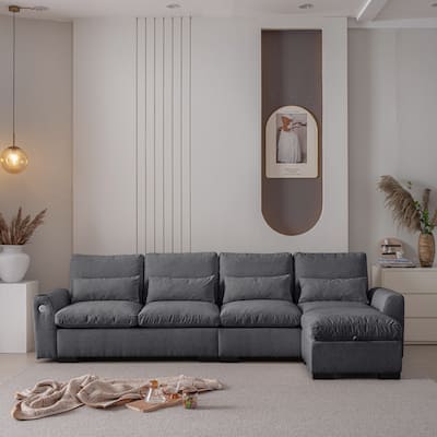 Elegant Chenille Modular Sofa with Reversible Ottoman, USB Ports & Cup Holder, Dark Grey