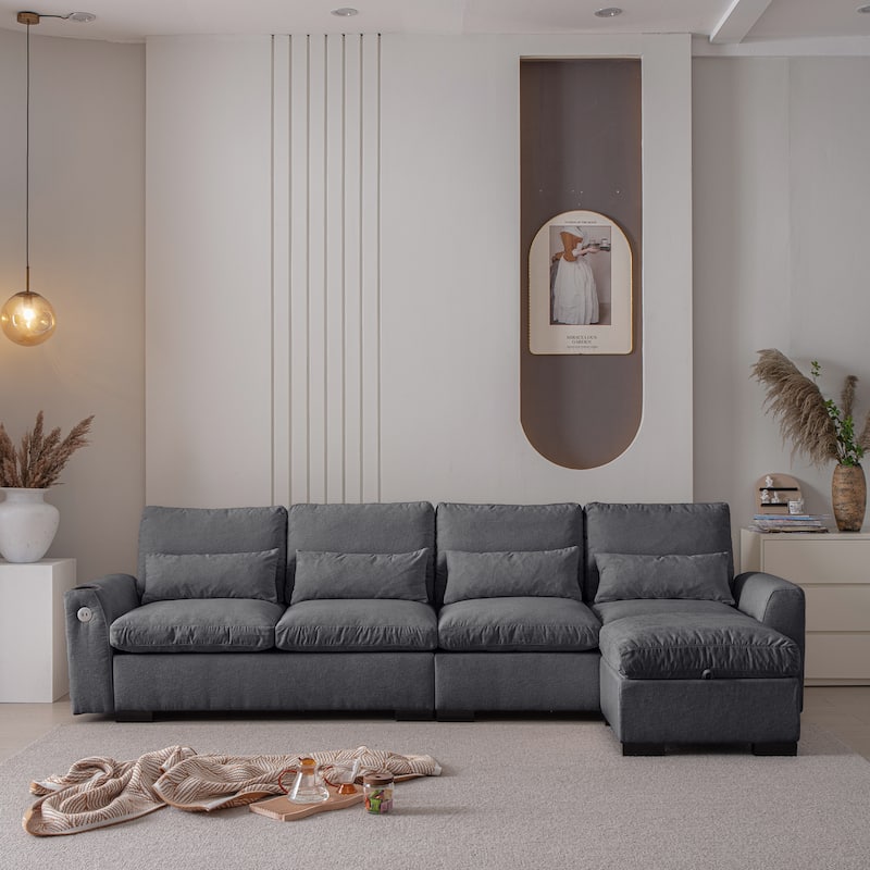 L-Shaped Chenille Oversized Sofa with Reversible Ottoman and USB Ports