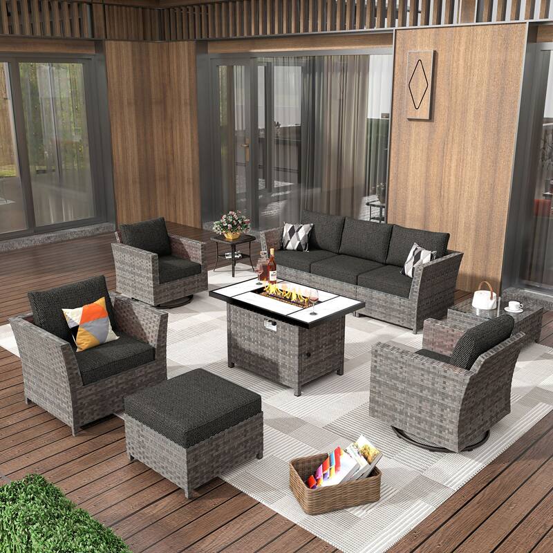 HOOOWOOO 10-piece Wicker Patio Furniture Outdoor Sectional Sofa Set with Fire Pit - Black