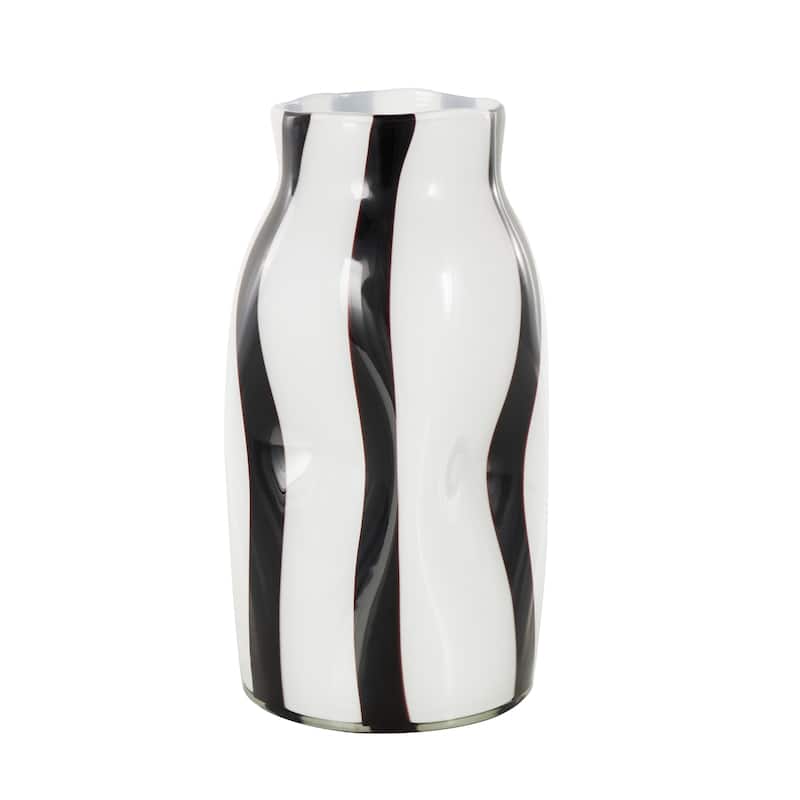 Glass Concaved Round Vase with Black Stripes - White - Roche River Decor - White - 6"W, 12"H