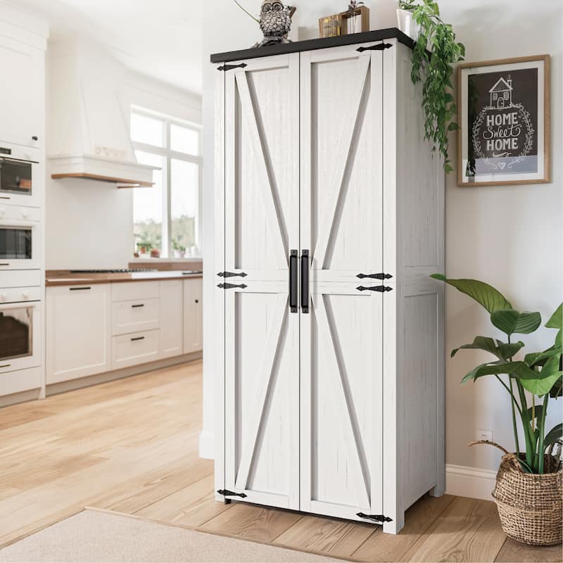 Smart LED Farmhouse Pantry Cabinet with Shelves - White