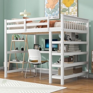 Full Size Loft Bed with Under-bed Workstation and Storage Shelves