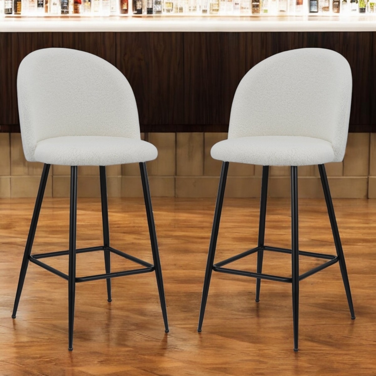 Set of White Black Fabric Metal Low Back Bar Chairs with