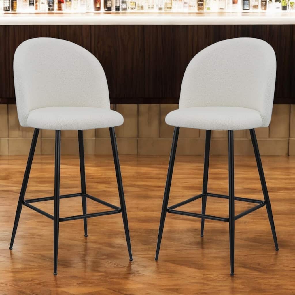 Set of 2 White Black Fabric Metal Low Back Bar Chairs with Footrest - 18” x 18” x 41”
